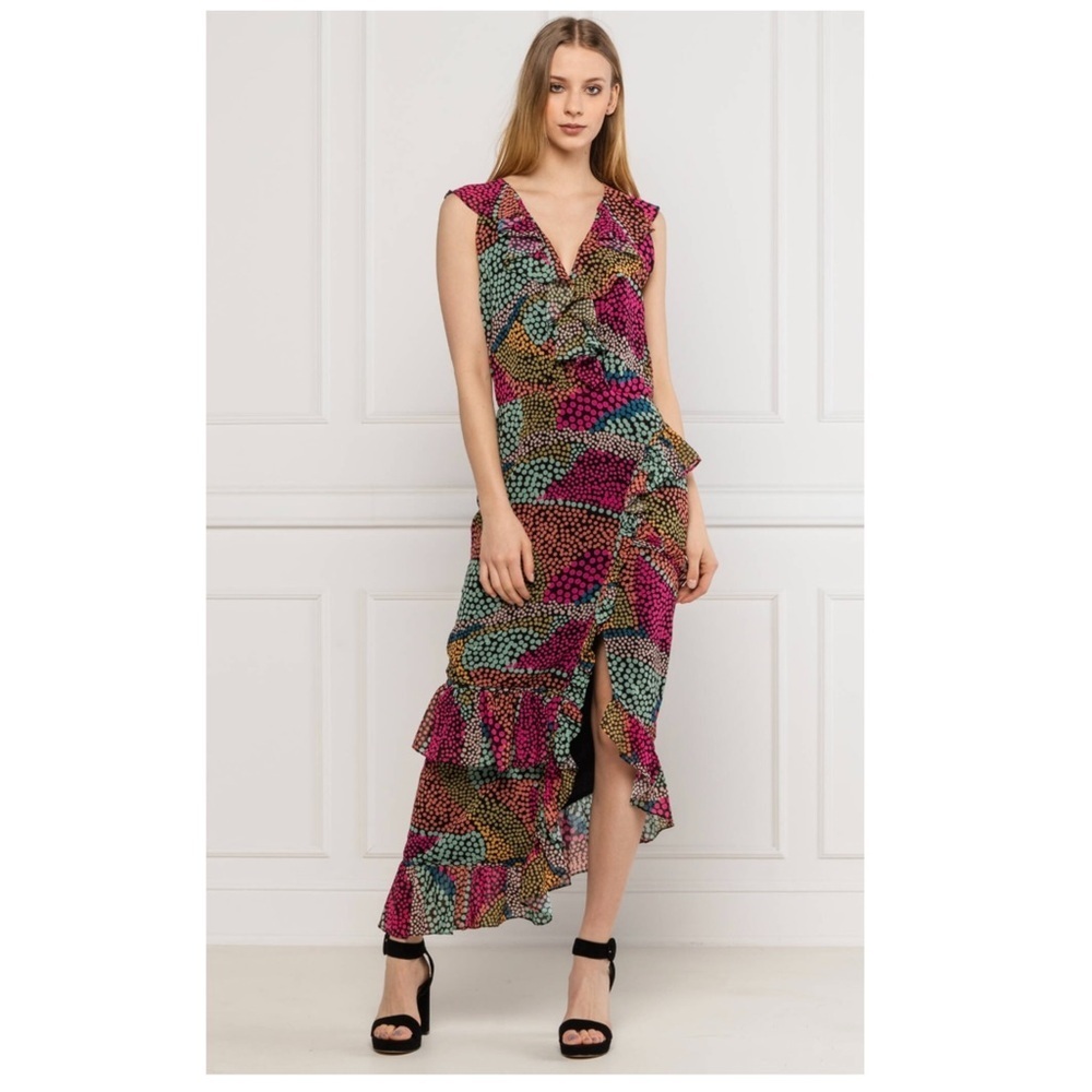 Silvia Heach Ruffle Trim Abbamo Asymmetrical Hem Maxi Dress Fantasy Multicolor S